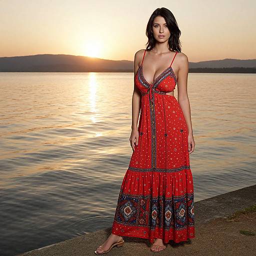 Photograph of a woman with dark hair wearing a red, patterned sundress with a deep V-neck, standing by a calm lake at sunset.
