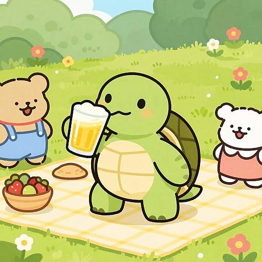Cartoon-style image of a green turtle drinking beer, with a happy bear in blue overalls and another bear in a pink dress, on a picnic