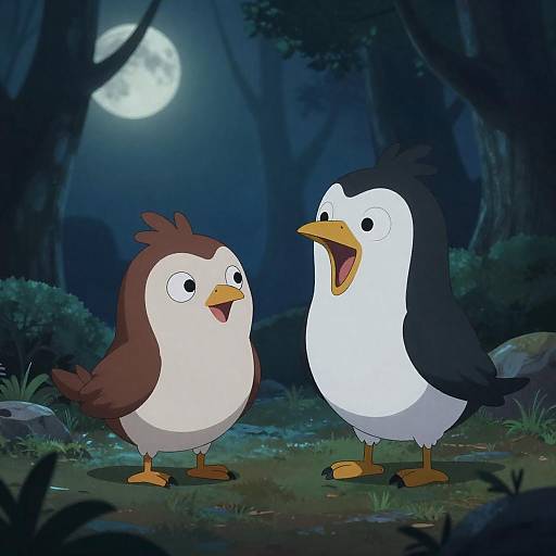 Whimsical Birds in Moonlit Forest