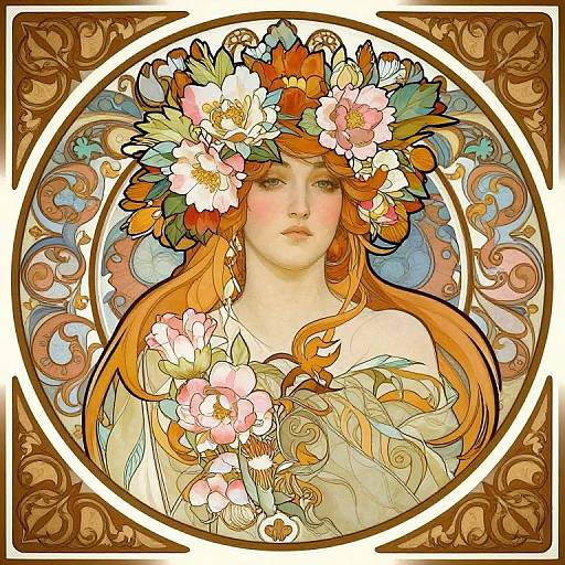 Digital artwork of a pale-skinned, orange-haired woman with a floral crown and dress, surrounded by swirling, ornate patterns.