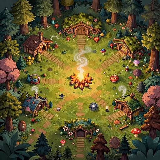 Whimsical digital illustration of a magical forest clearing with a glowing campfire at the center, surrounded by tiny wooden huts, mushrooms, and colorful