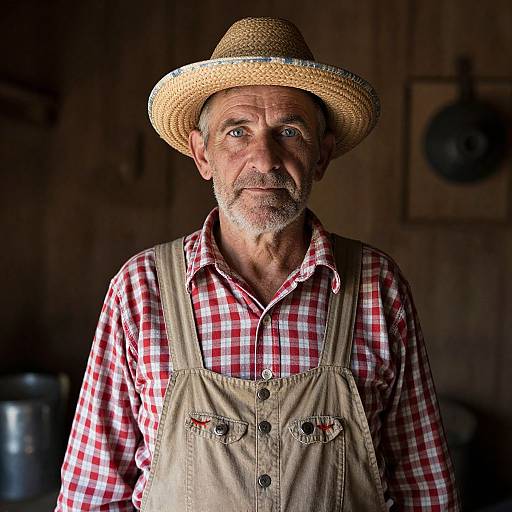 Photograph of an elderly Caucasian man with a grey beard, wearing a straw hat, red checkered shirt, and beige apron, standing in a