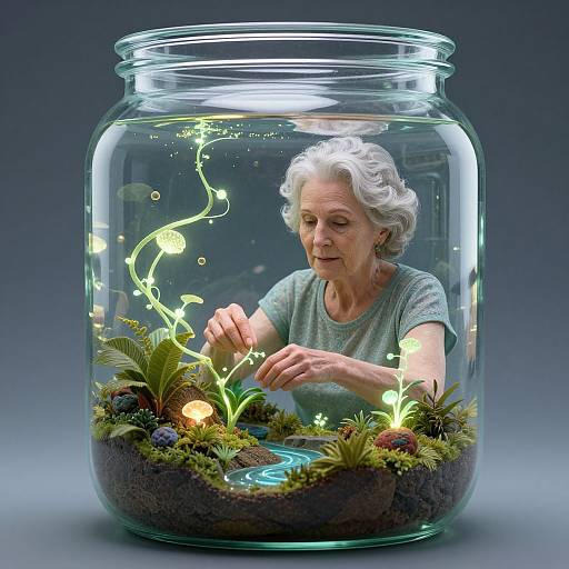 Photograph of an elderly woman with white hair, wearing a green shirt, tending a glowing, miniature forest inside a clear glass jar.