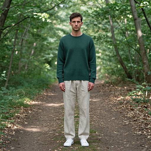 Photograph of a young man with short brown hair, wearing a dark green sweater, white pants, and white sneakers, standing on a sunlit forest