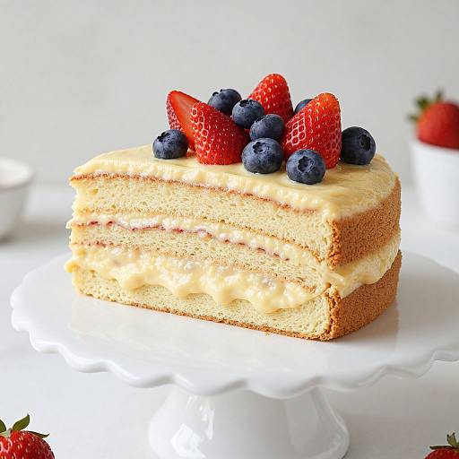 Photograph of a layered lemon cake slice with creamy filling, topped with vibrant red strawberries and plump blueberries on a white plate.