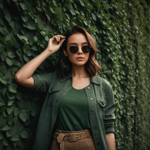 Young Woman in Green Casual Outfit with Sunglasses