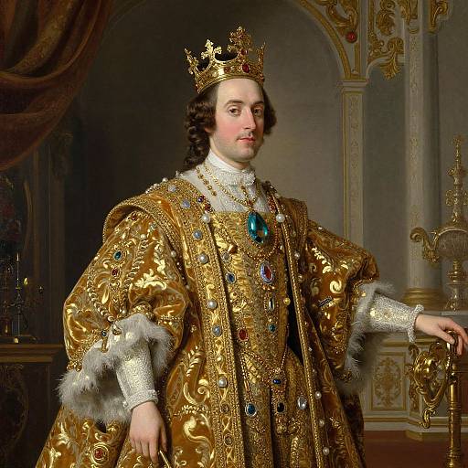 Photograph of 18th-century European monarch in ornate golden robe with intricate patterns, white fur trim, blue gemstones, and gold crown,