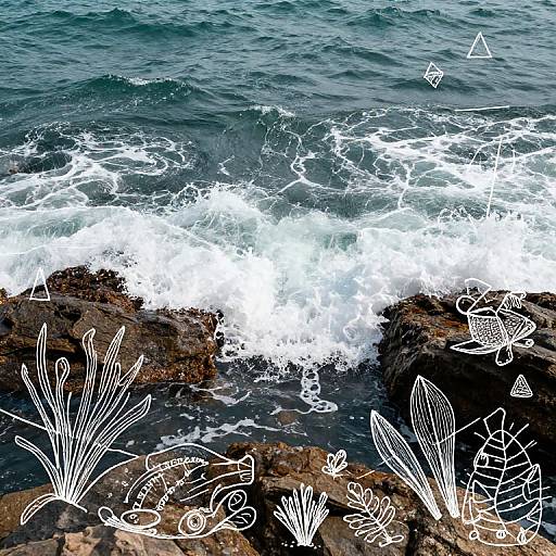 Photograph of ocean waves crashing against rocky shore, overlaid with white, abstract line drawings of plants and geometric shapes.