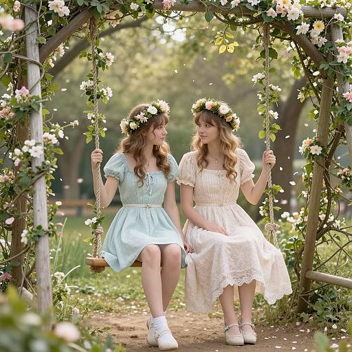 Photograph of two young women with floral crowns, sitting on a wooden swing in a sunny, flower-filled garden. One wears a light blue dress