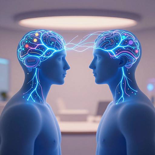 Digital artwork of two blue, glowing, head-to-head silhouetted figures, with intricate, neon neural connections and colorful brain lights, in a