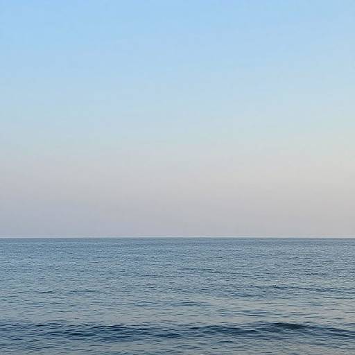 Photograph of a calm ocean horizon under a clear, pale blue sky, with gentle waves visible in the water below.
