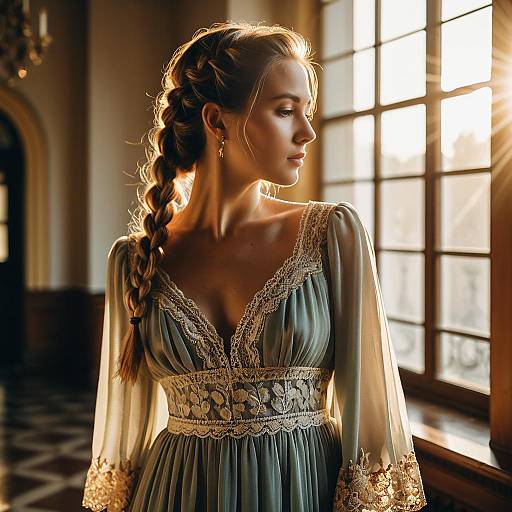 Woman with Lace Braid Hairstyle in Silk Chiffon Dress