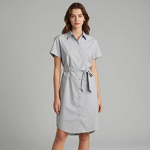 Young Woman in Light Gray Shirt Dress