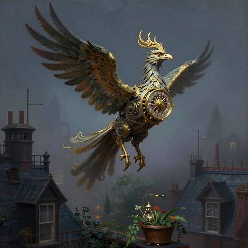Ancient Clockwork Phoenix Over Foggy Rooftop