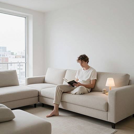 Photograph of a curly-haired man in a white t-shirt and beige pants, sitting barefoot on a gray sofa, reading a book, with a