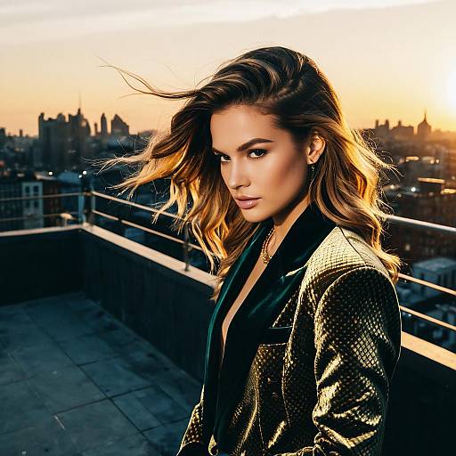 Fashion Model with Mermaid Hair on Urban Rooftop