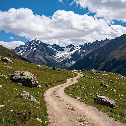 Photograph of a winding dirt path through a grassy meadow, leading to snow-capped mountain peaks under a bright, cloudy sky.