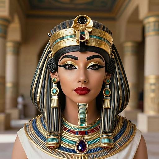 Digital artwork of an Egyptian queen with dark skin, black bob haircut, golden headpiece, and elaborate jewelry, standing in a temple.