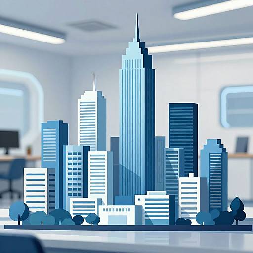 Digital illustration of a blue-toned city skyline with tall skyscrapers and trees, set in a bright, modern office space.