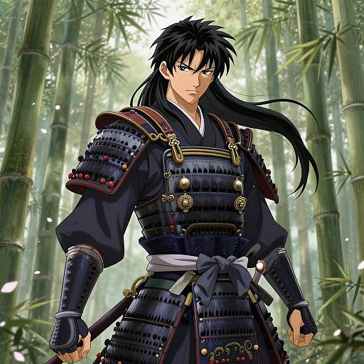 Digital anime-style drawing of a fierce samurai with black hair and blue eyes, wearing detailed black armor, standing in a bamboo forest.