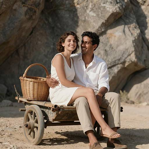 Smiling Couple on Rustic Cart