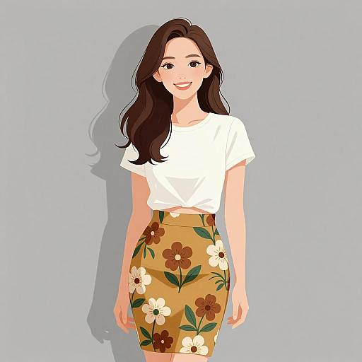 Digital illustration of a smiling Asian woman with long black hair, wearing a white t-shirt and brown floral skirt, against a light blue background.