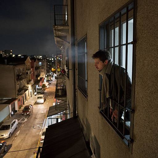 Photograph: Nocturnal cityscape, man with short dark hair and brown jacket peering out of a window, streetlights illuminating below.
