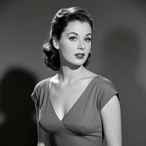 Black-and-white photograph of a 1950s-style woman with dark, wavy hair, wearing a V-neck dress, looking slightly to the side
