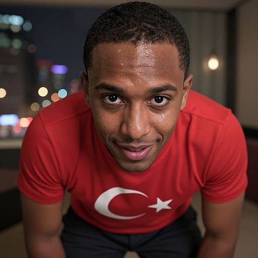Photograph of a smiling, dark-skinned man with short hair, wearing a red Turkish T-shirt with a white crescent and star, leaning forward