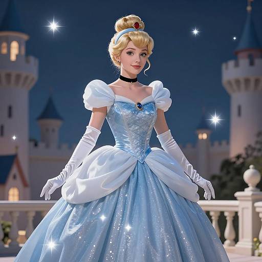 Blonde Princess in Blue Ball Gown at Night Castle