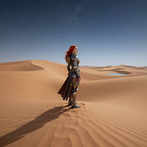Photograph of a red-haired woman in detailed, black-and-silver armor standing in a sunlit, sandy desert with clear blue sky.