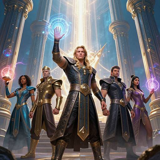 Digital artwork of five powerful warriors in ornate, dark armor, standing in a grand, illuminated temple, each casting glowing magic circles. Central figure raises