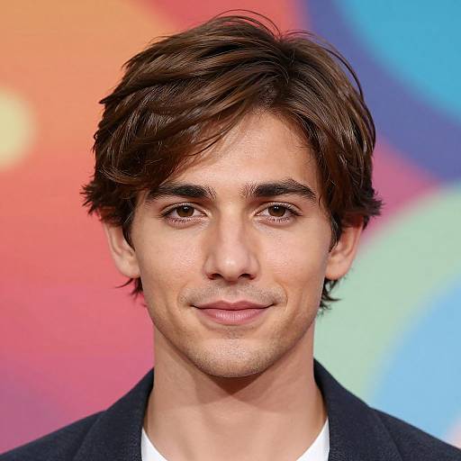 Photograph of a young man with medium-length brown hair, light skin, brown eyes, and a slight smile, wearing a black jacket over a white
