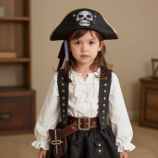 Photograph of a young girl dressed as a pirate, wearing a black tricorn hat with a skull emblem, white blouse, and black suspenders.