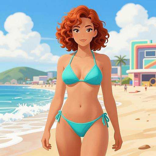 Anime Woman on Vintage Summer Beach