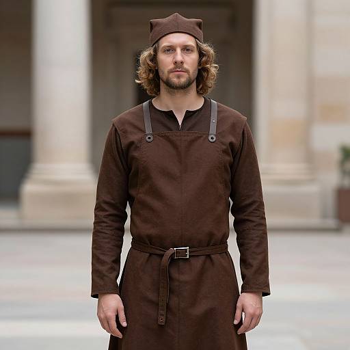 Photograph of a bearded man with curly hair wearing a brown medieval-style outfit, including a hat and apron, standing in front of a blurred