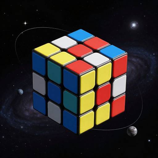 Photograph of a 3D Rubik's cube with red, blue, yellow, and white squares floating in a dark, starry space.