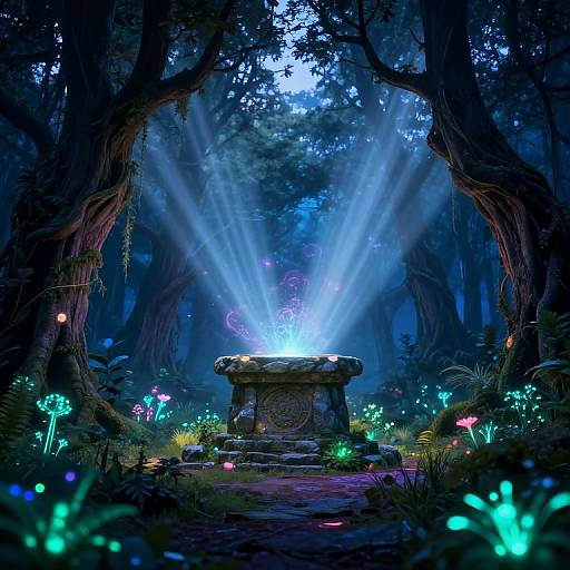 Mystical forest scene with glowing mushrooms, ethereal blue beams emanating from a stone altar, surrounded by tall trees and dense foliage.