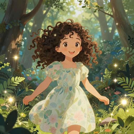 Digital anime-style illustration of a curly-haired girl in a floral dress, joyfully dancing in a sunlit, enchanted forest. Sparkling lights surround her