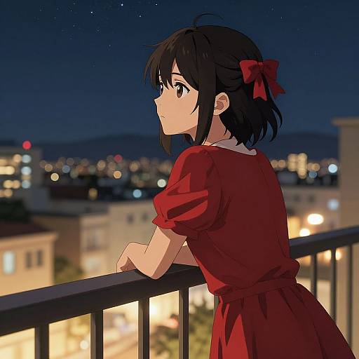 Anime-style drawing of a young girl with black hair and a red dress, leaning on a balcony at night, gazing at a cityscape with glowing