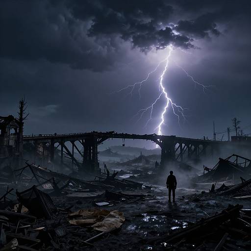 Digital illustration: Silhouetted figure stands in ruined landscape under dramatic, lightning-struck sky; broken bridge and debris scattered below. Dark, mo