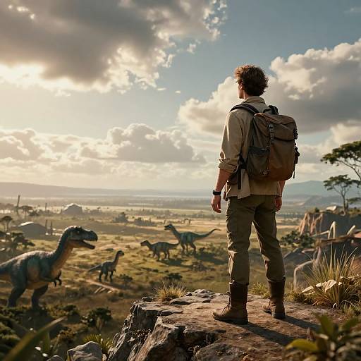 Photograph of a man with a backpack, standing on a rocky cliff, gazing at a dinosaur-filled prehistoric landscape at sunset.