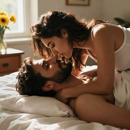 Photograph of a bearded man lying on a bed, gazing at a dark-haired woman leaning over him, both in white clothes, sunlit