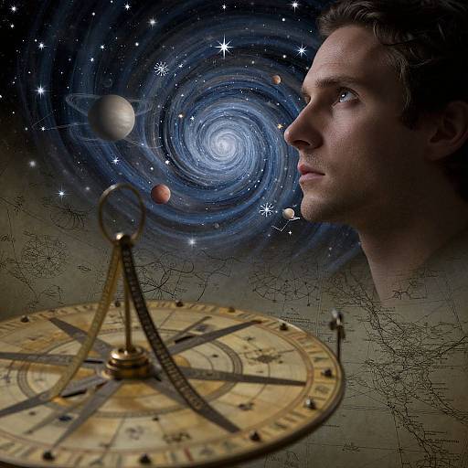 Photograph of a man with short brown hair, gazing at a spiral galaxy with stars and planets, in front of an antique astronomical compass.