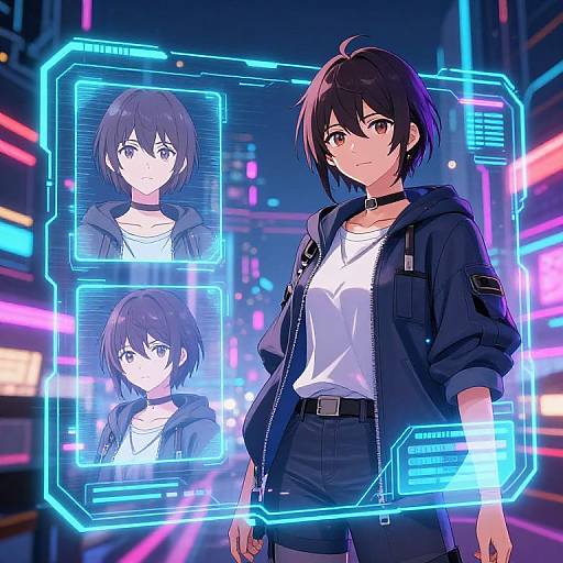 Anime-style digital illustration of a dark-haired girl in a futuristic city, wearing a black jacket and white shirt, with holographic portraits of herself overlaying