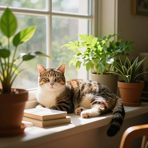 Photograph of a tabby cat with white chest and paws, lounging on sunlit windowsill surrounded by potted plants, greenery outside