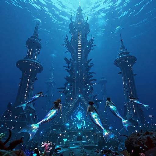 Digital artwork of a glowing underwater castle with blue mermaids, illuminated spires, and radiant light effects in a mystical ocean scene.