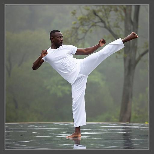 Photograph of a Black male martial artist in white uniform performing a high kick on a reflective water surface, with a misty forest background and tall trees