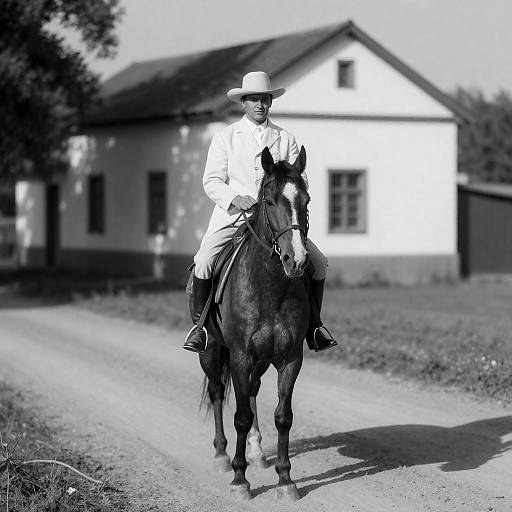 Man in White Hat Riding Horse on Dirt Road