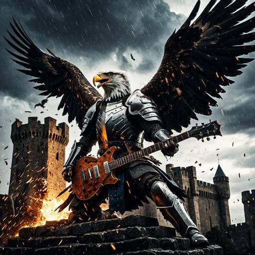 Cybernetic Eagle Knight with Guitar at Castle Battlement